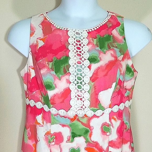 Sundress Lined Floral Print stretch midi lace trim Pink White Zipper Sheath EUC - Picture 2 of 9